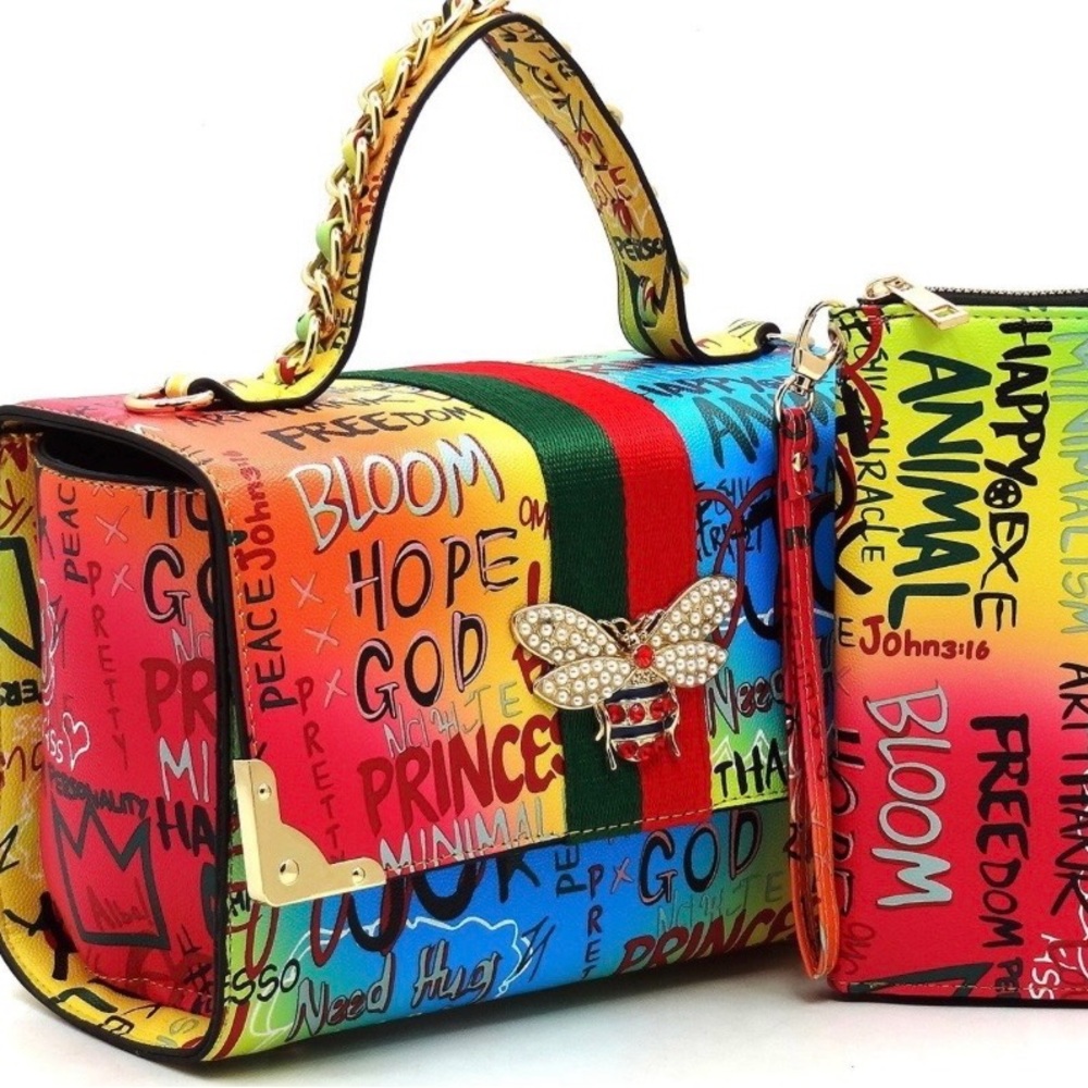 Colorful 2-in-1 Trendy Multi Graffiti Queen Bee Boxy Satchel with Wallet Yel/Red